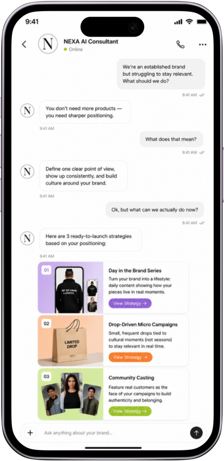 NEXA AI Consultant chat on a smartphone
